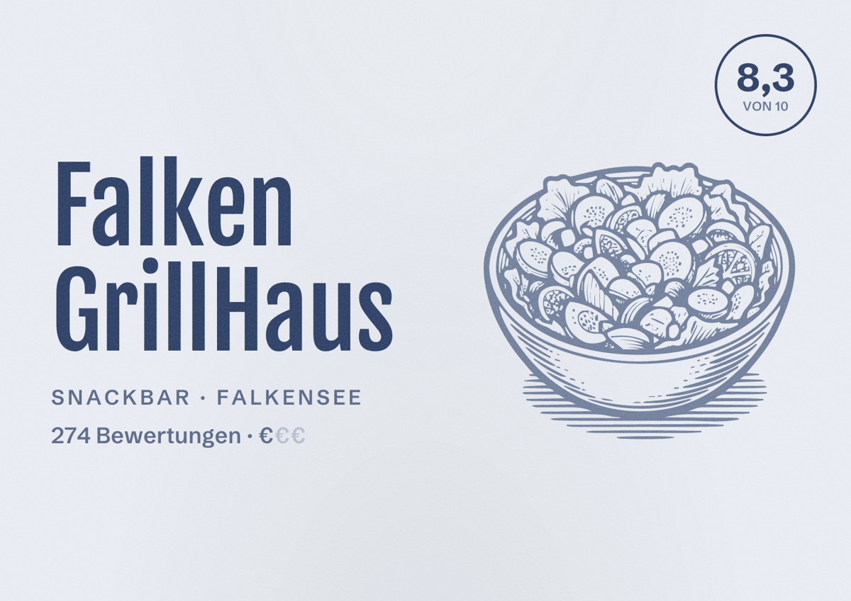 Illustriertes Poster von Falken GrillHaus, Snackbar in Falkensee: Bewertung 8,3 von 10 aus 274 Bewertungen, Preisniveau €