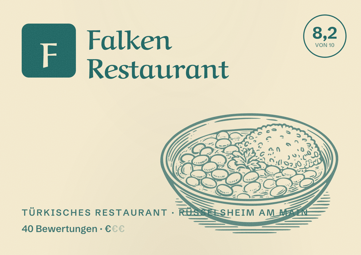 Illustriertes Poster von Falken Restaurant, Türkisches Restaurant in Rüsselsheim am Main: Bewertung 8,2 von 10 aus 40 Bewertungen, Preisniveau €