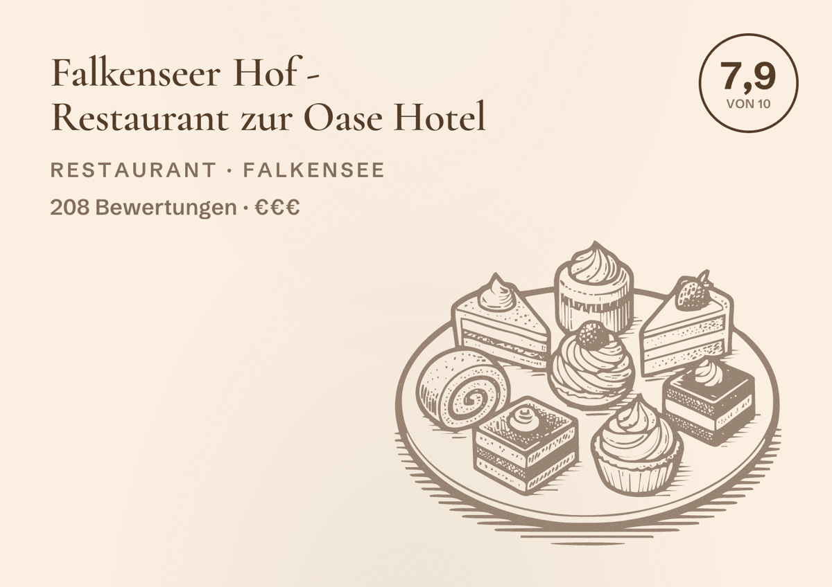 Illustriertes Poster von Falkenseer Hof - Restaurant zur Oase Hotel, Restaurant in Falkensee: Bewertung 7,9 von 10 aus 208 Bewertungen, Preisniveau €€€