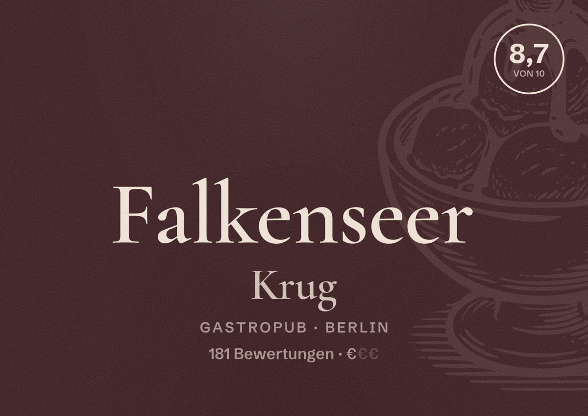 Illustriertes Poster von Falkenseer Krug, Gastropub in Berlin: Bewertung 8,7 von 10 aus 181 Bewertungen, Preisniveau €