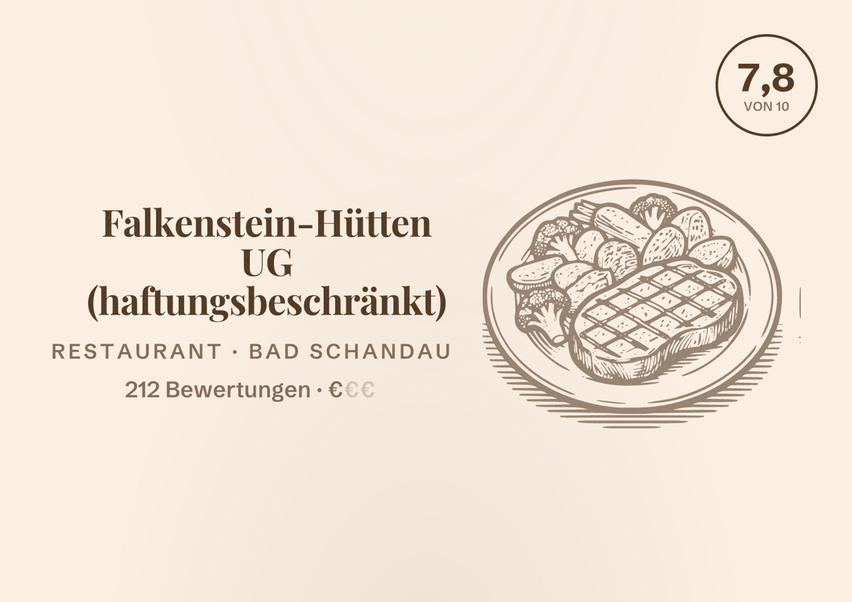Illustriertes Poster von Falkenstein-Hütten UG (haftungsbeschränkt), Restaurant in Bad Schandau: Bewertung 7,8 von 10 aus 212 Bewertungen, Preisniveau €