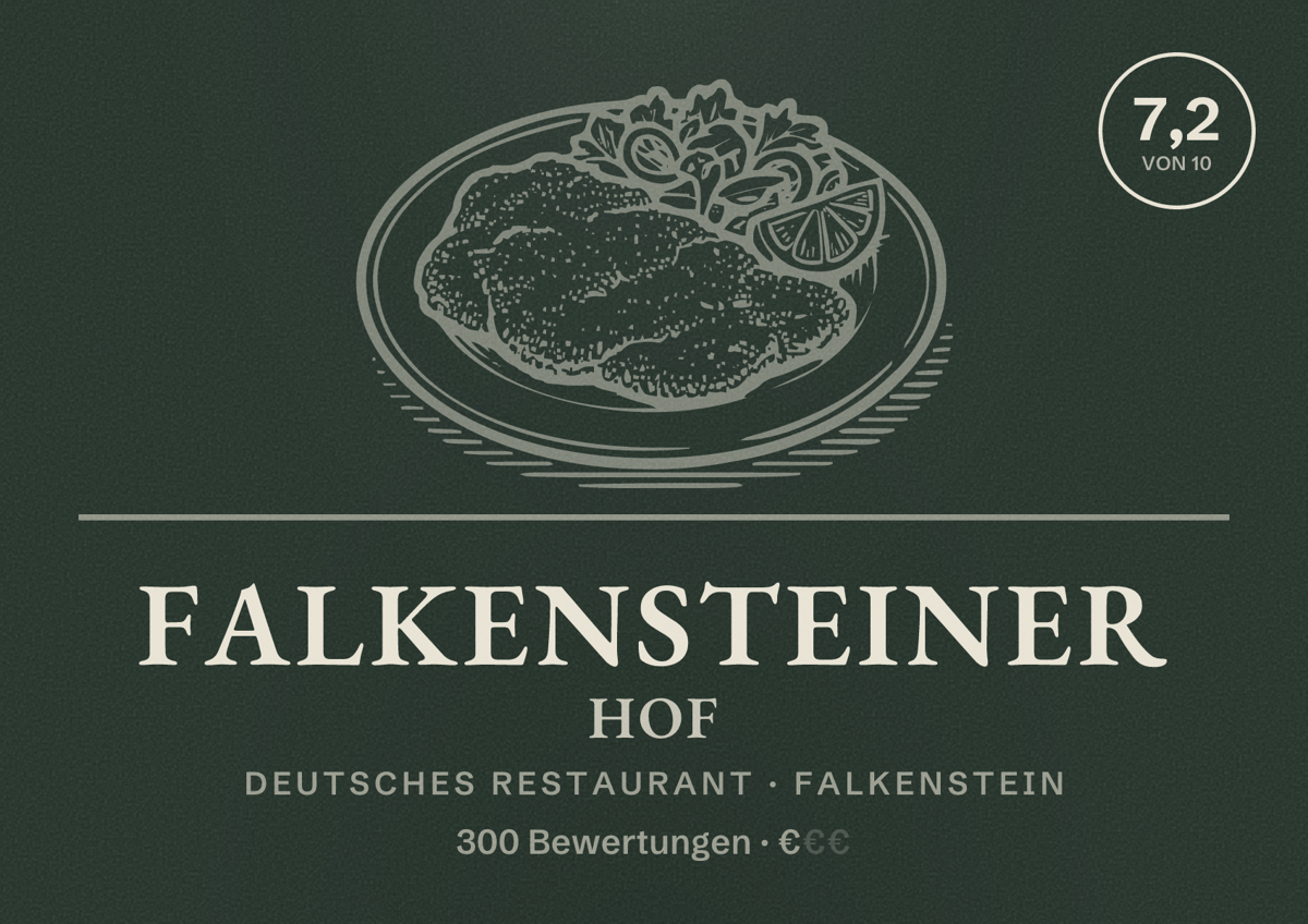 Illustriertes Poster von Falkensteiner Hof, Deutsches Restaurant in Falkenstein: Bewertung 7,2 von 10 aus 300 Bewertungen, Preisniveau €