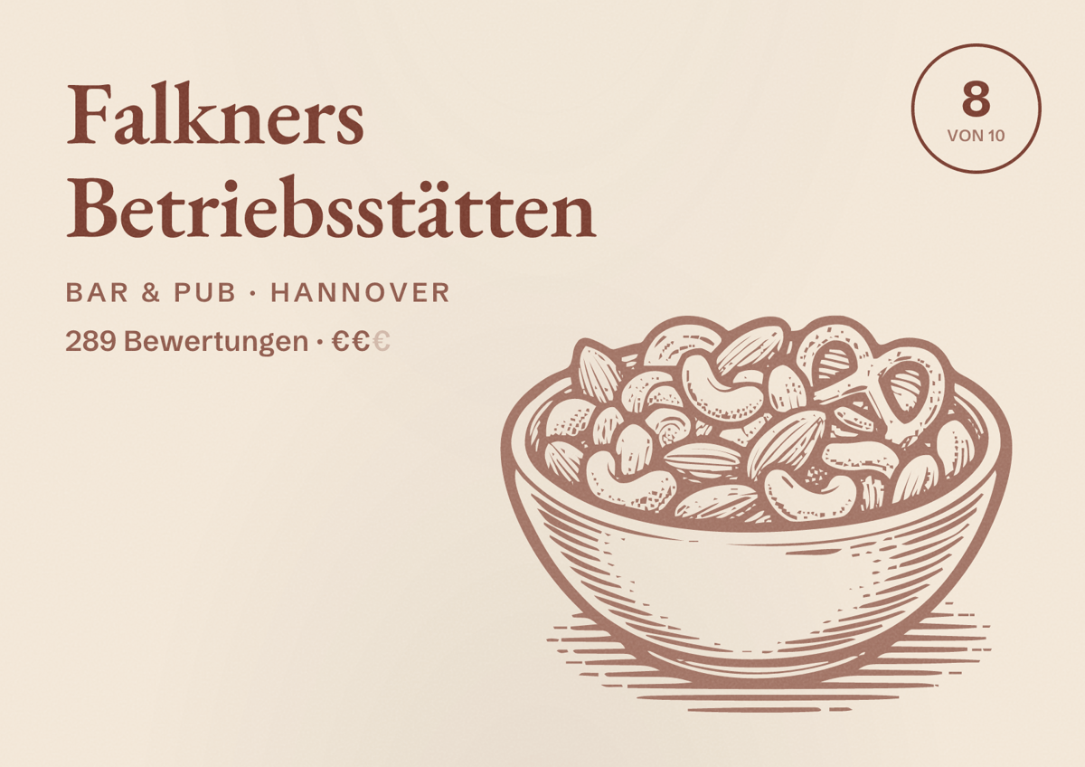 Illustriertes Poster von Falkners Betriebsstätten, Bar & Pub in Hannover: Bewertung 8 von 10 aus 289 Bewertungen, Preisniveau €€