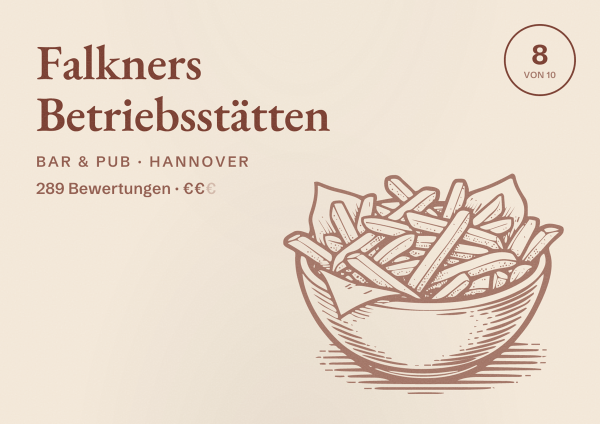 Illustriertes Poster von Falkners Betriebsstätten, Bar & Pub in Hannover: Bewertung 8,0 von 10 aus 289 Bewertungen, Preisniveau €€