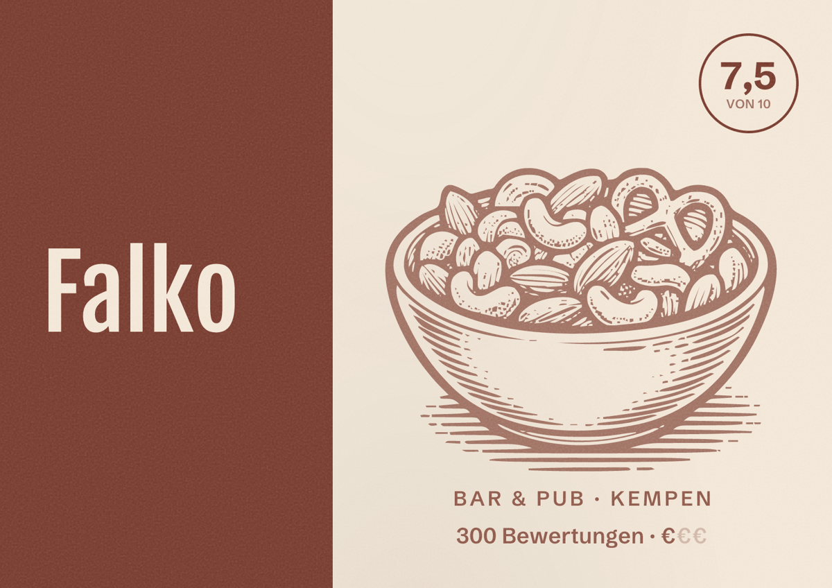 Illustriertes Poster von Falko, Bar & Pub in Kempen: Bewertung 7,5 von 10 aus 300 Bewertungen, Preisniveau €