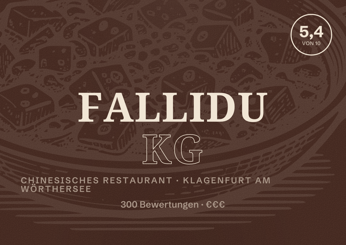 Illustriertes Poster von fallidu kg, Chinesisches Restaurant in Klagenfurt am Wörthersee: Bewertung 5,4 von 10 aus 300 Bewertungen, Preisniveau €€€