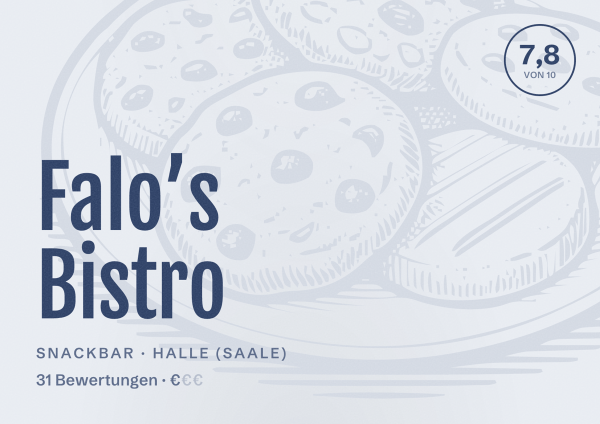 Illustriertes Poster von Falo’s Bistro, Snackbar in Halle (Saale): Bewertung 7,8 von 10 aus 31 Bewertungen, Preisniveau €