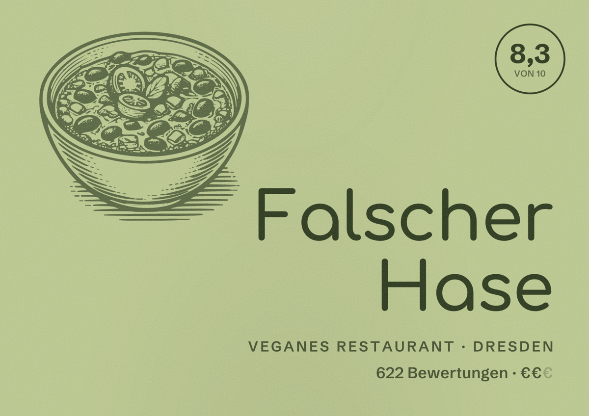 Illustriertes Poster von Falscher Hase, Veganes Restaurant in Dresden: Bewertung 8,3 von 10 aus 622 Bewertungen, Preisniveau €€