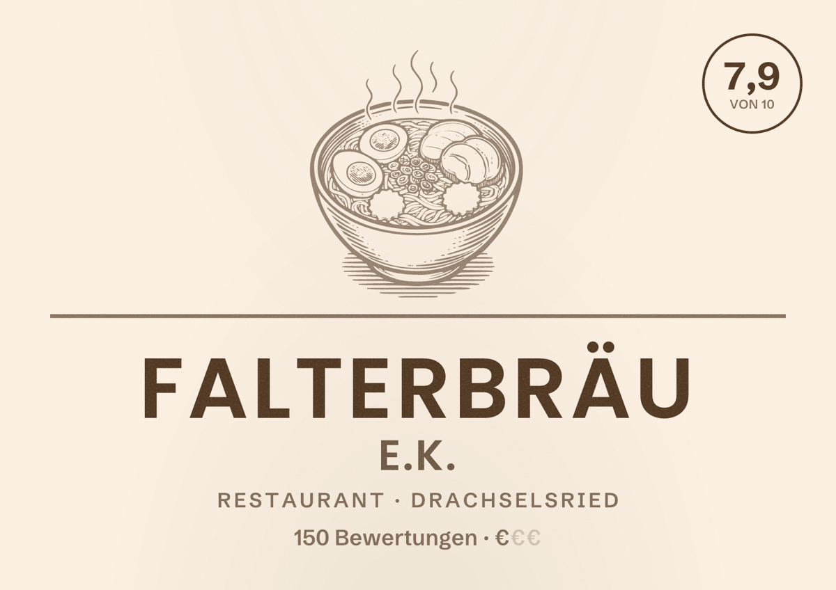 Illustriertes Poster von Falterbräu e.K., Restaurant in Drachselsried: Bewertung 7,9 von 10 aus 150 Bewertungen, Preisniveau €