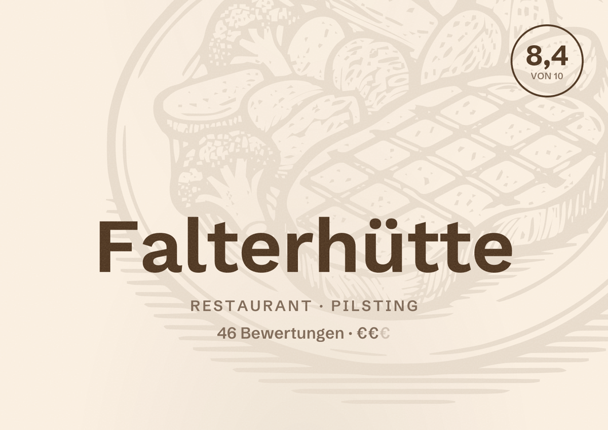 Illustriertes Poster von Falterhütte, Restaurant in Pilsting: Bewertung 8,4 von 10 aus 46 Bewertungen, Preisniveau €€