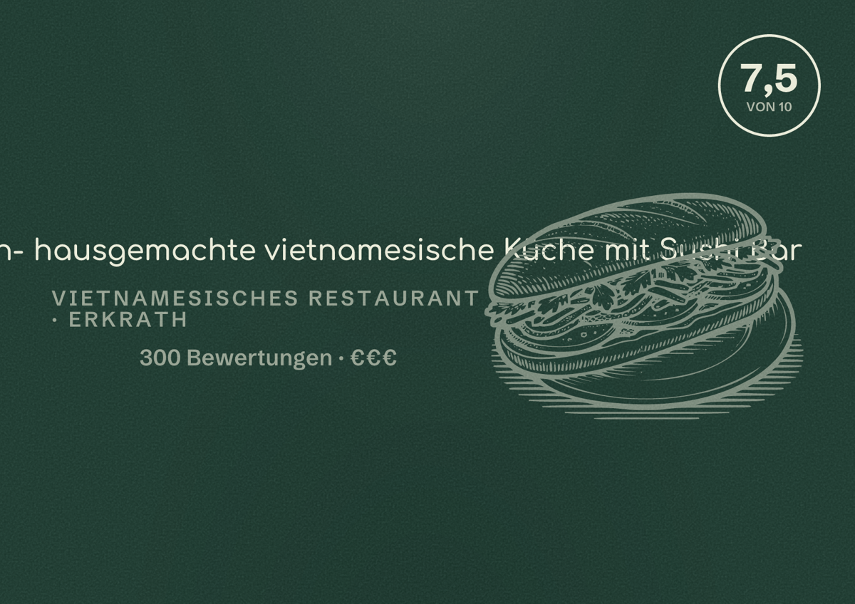 Illustriertes Poster von Fam. Dang Erkrath- hausgemachte vietnamesische Küche mit Sushi Bar, Vietnamesisches Restaurant in Erkrath: Bewertung 7,5 von 10 aus 300 Bewertungen, Preisniveau €€€