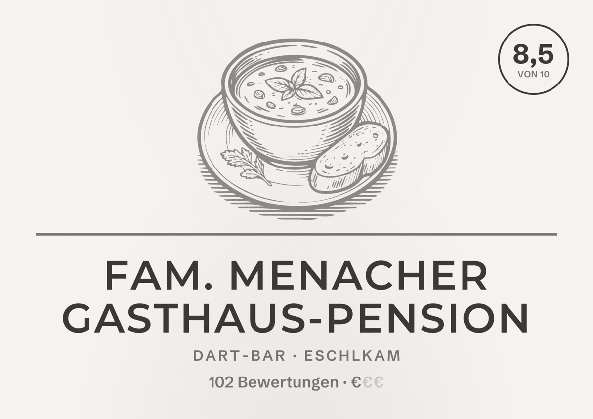Illustriertes Poster von Fam. Menacher Gasthaus-Pension, Dart-Bar in Eschlkam: Bewertung 8,5 von 10 aus 102 Bewertungen, Preisniveau €