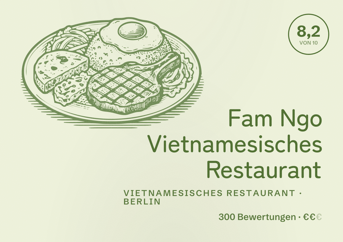 Illustriertes Poster von Fam Ngo Vietnamesisches Restaurant, Vietnamesisches Restaurant in Berlin: Bewertung 8,2 von 10 aus 300 Bewertungen, Preisniveau €€