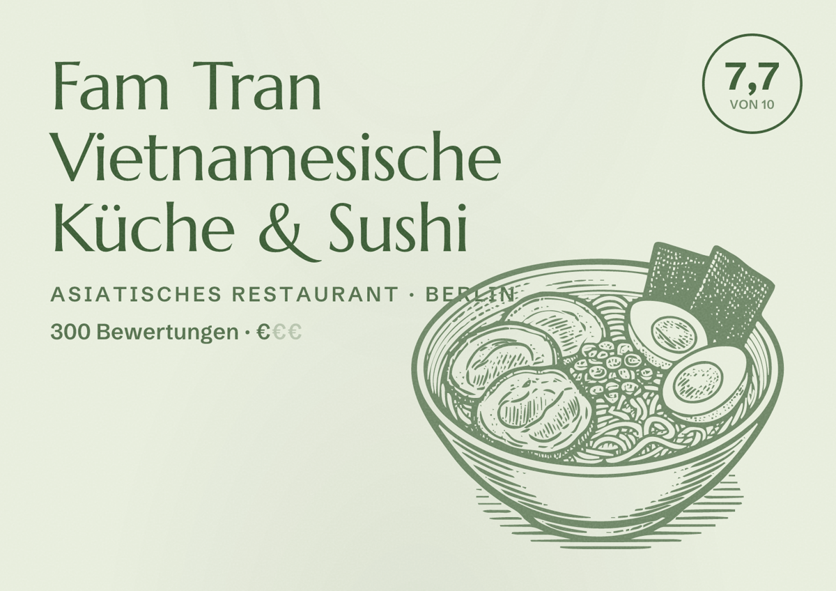 Illustriertes Poster von Fam Tran Vietnamesische Küche & Sushi, Asiatisches Restaurant in Berlin: Bewertung 7,7 von 10 aus 300 Bewertungen, Preisniveau €
