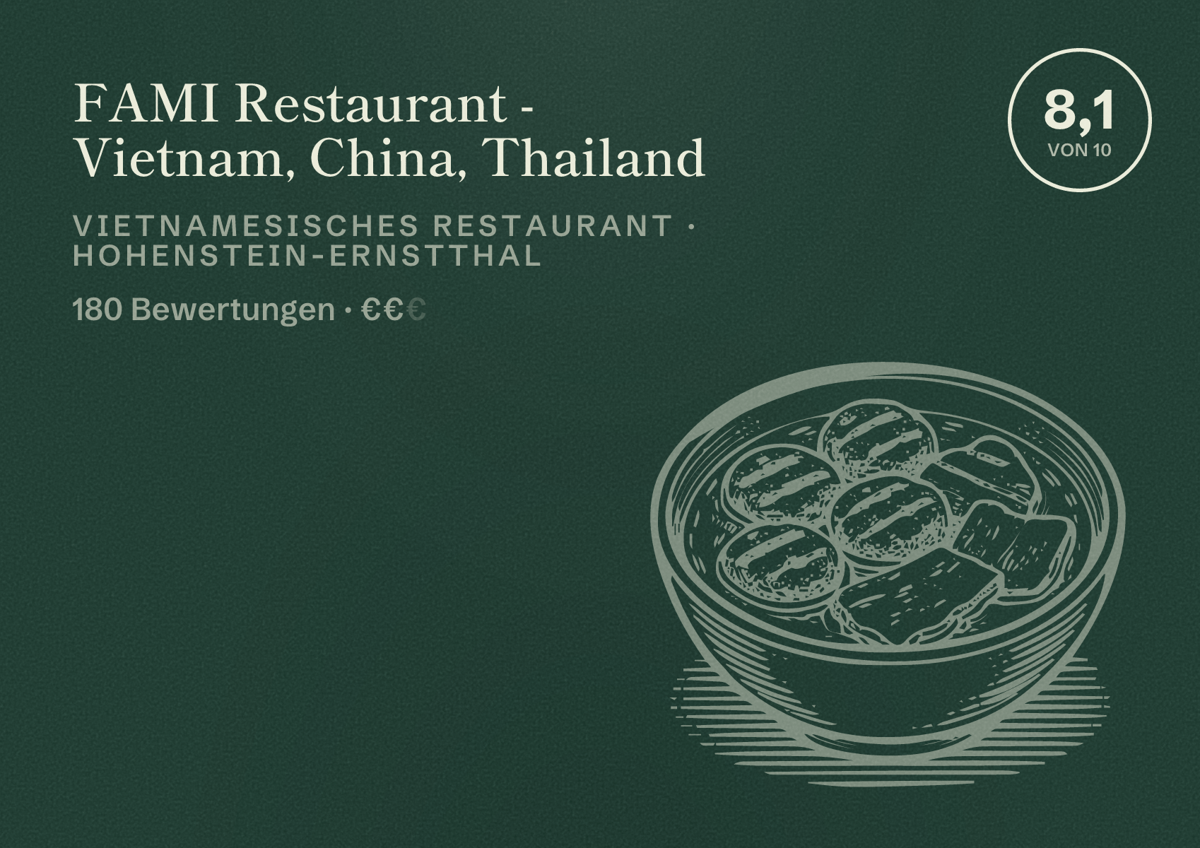 Illustriertes Poster von FAMI Restaurant - Vietnam, China, Thailand, Vietnamesisches Restaurant in Hohenstein-Ernstthal: Bewertung 8,1 von 10 aus 180 Bewertungen, Preisniveau €€