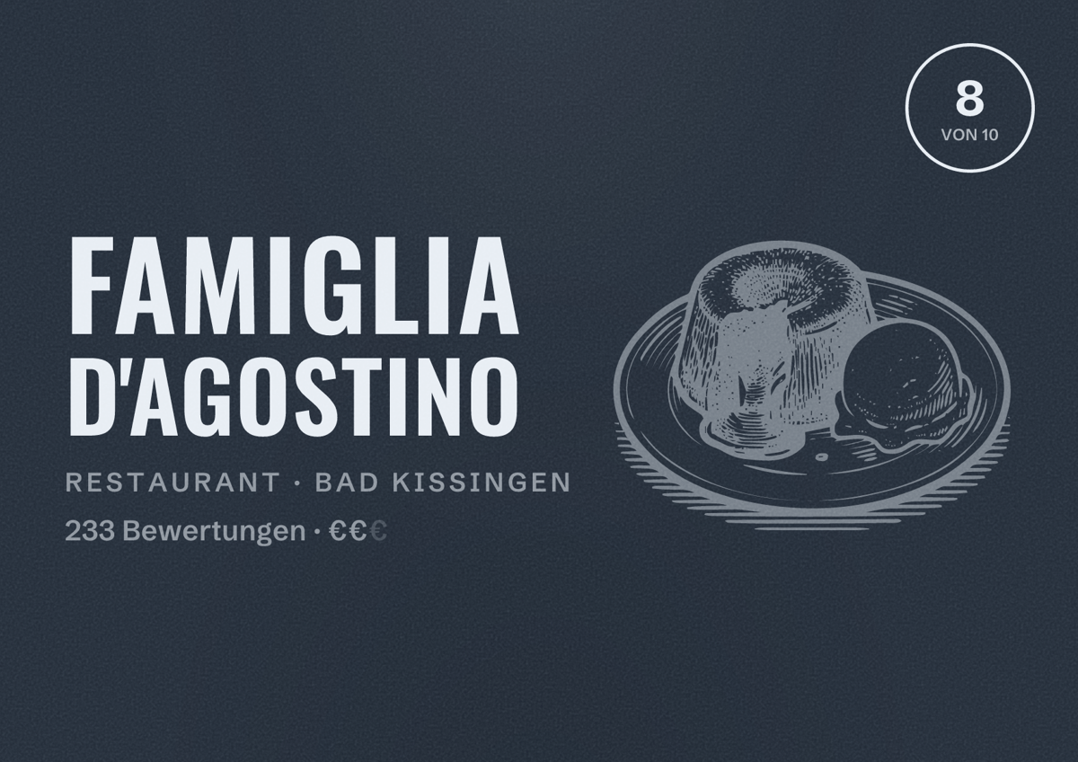 Illustriertes Poster von Famiglia D'Agostino, Restaurant in Bad Kissingen: Bewertung 8 von 10 aus 233 Bewertungen, Preisniveau €€