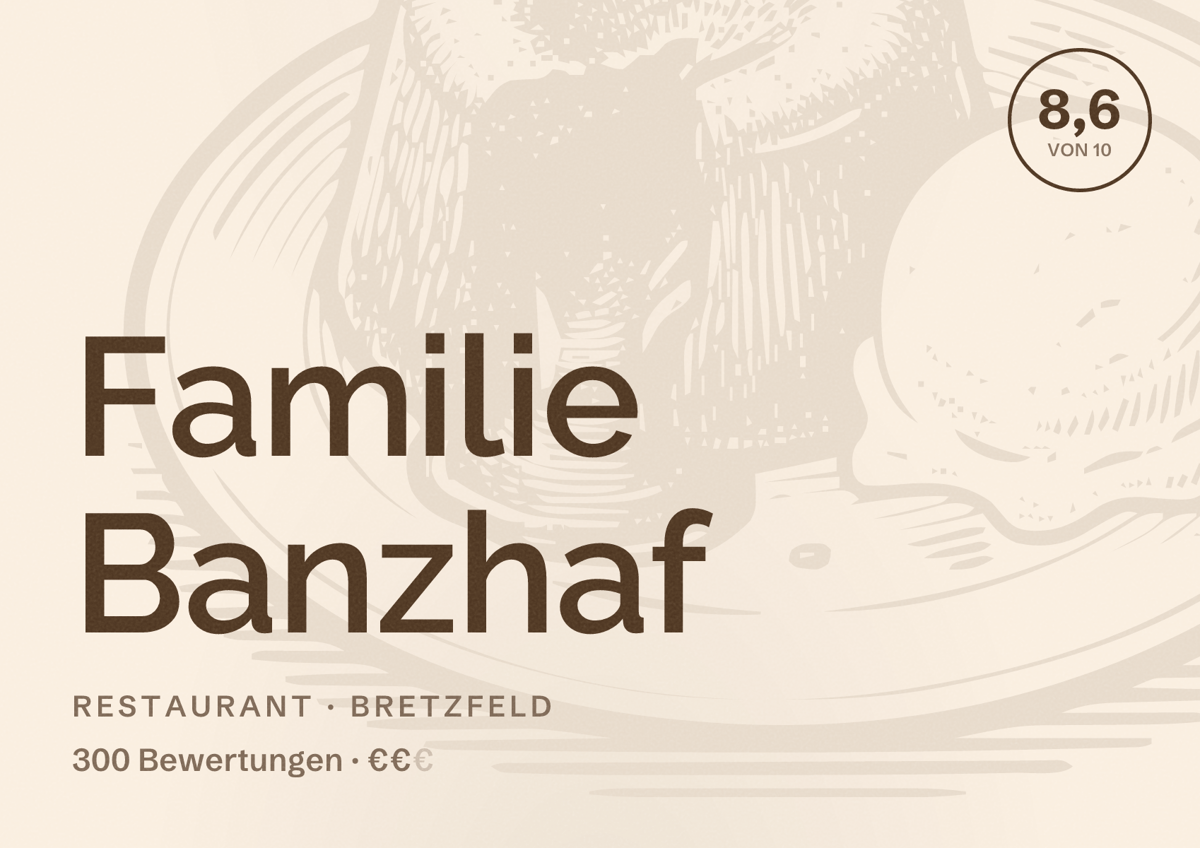 Illustriertes Poster von Familie Banzhaf, Restaurant in Bretzfeld: Bewertung 8,6 von 10 aus 300 Bewertungen, Preisniveau €€