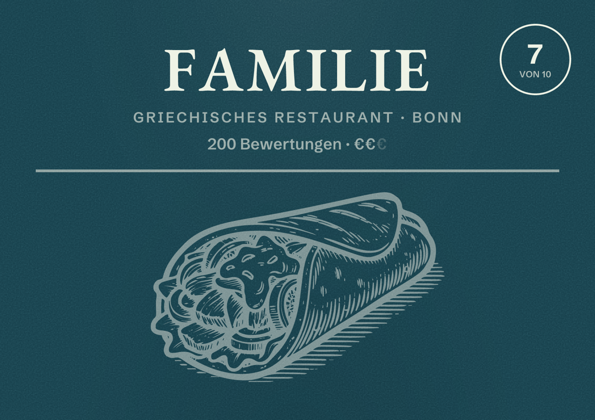 Illustriertes Poster von Familie, Griechisches Restaurant in Bonn: Bewertung 7 von 10 aus 200 Bewertungen, Preisniveau €€