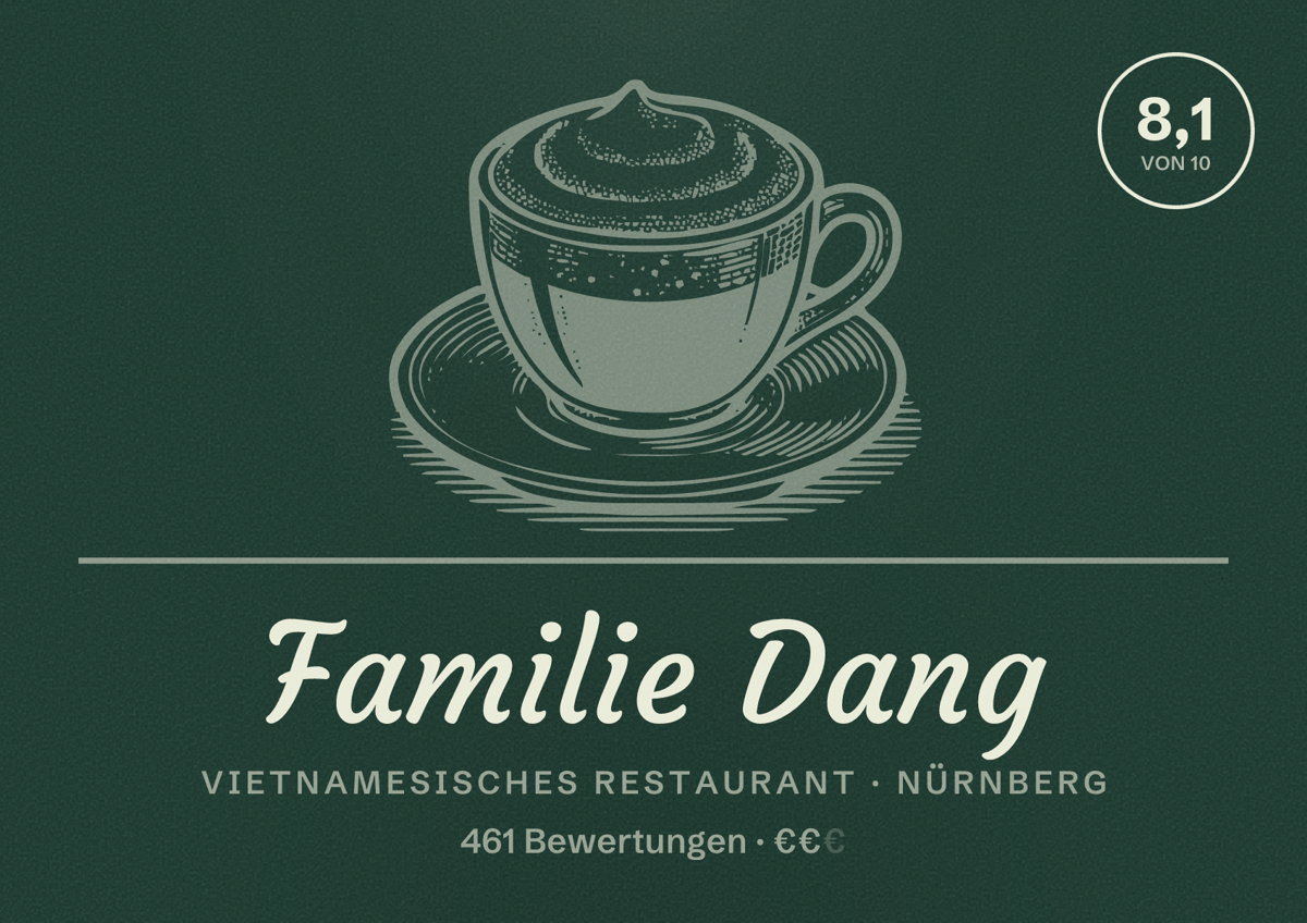 Illustriertes Poster von Familie Dang, Vietnamesisches Restaurant in Nürnberg: Bewertung 8,1 von 10 aus 461 Bewertungen, Preisniveau €€