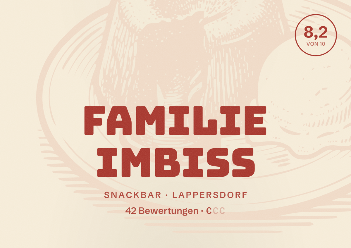 Illustriertes Poster von Familie Imbiss, Snackbar in Lappersdorf: Bewertung 8,2 von 10 aus 42 Bewertungen, Preisniveau €