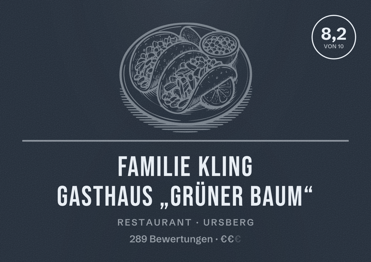 Illustriertes Poster von Familie Kling Gasthaus „Grüner Baum“, Restaurant in Ursberg: Bewertung 8,2 von 10 aus 289 Bewertungen, Preisniveau €€