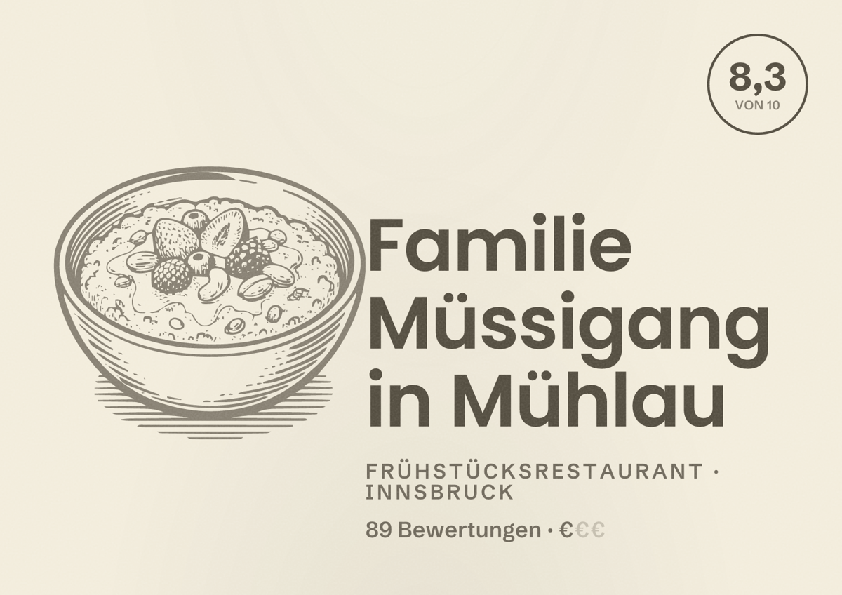 Illustriertes Poster von Familie Müssigang in Mühlau, Frühstücksrestaurant in Innsbruck: Bewertung 8,3 von 10 aus 89 Bewertungen, Preisniveau €