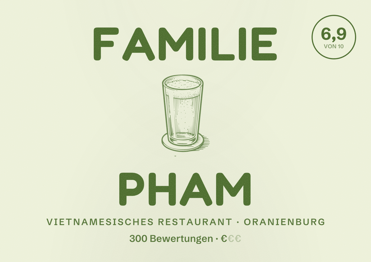 Illustriertes Poster von Familie Pham, Vietnamesisches Restaurant in Oranienburg: Bewertung 6,9 von 10 aus 300 Bewertungen, Preisniveau €