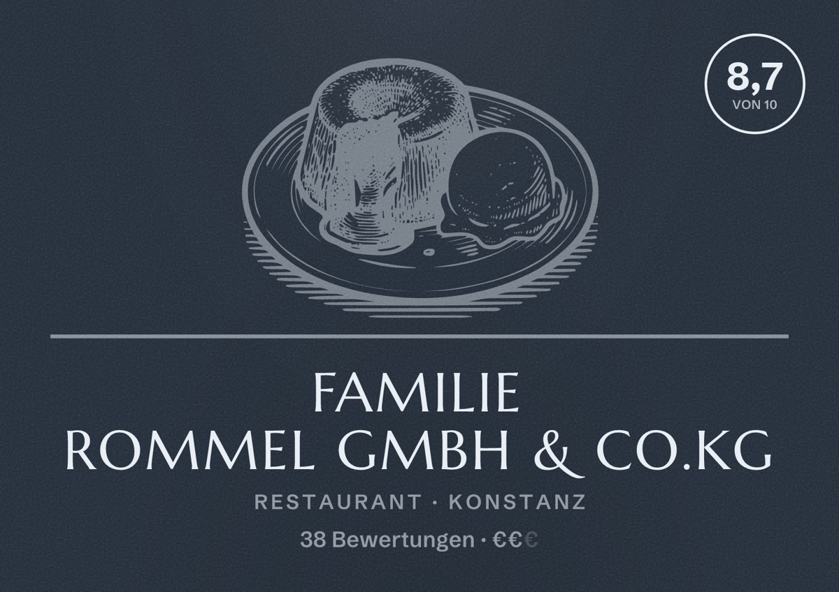 Illustriertes Poster von Familie Rommel GmbH & Co.KG, Restaurant in Konstanz: Bewertung 8,7 von 10 aus 38 Bewertungen, Preisniveau €€