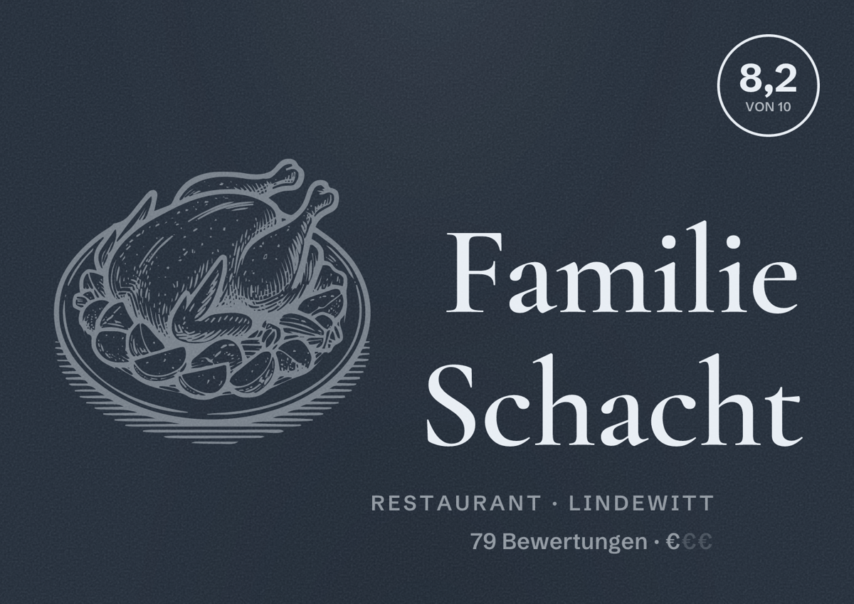 Illustriertes Poster von Familie Schacht, Restaurant in Lindewitt: Bewertung 8,2 von 10 aus 79 Bewertungen, Preisniveau €