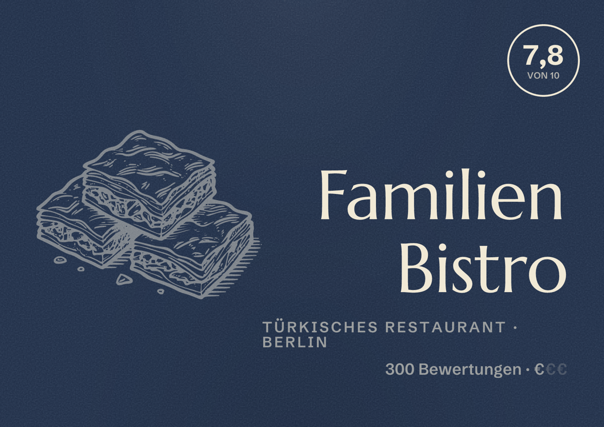 Illustriertes Poster von Familien Bistro, Türkisches Restaurant in Berlin: Bewertung 7,8 von 10 aus 300 Bewertungen, Preisniveau €