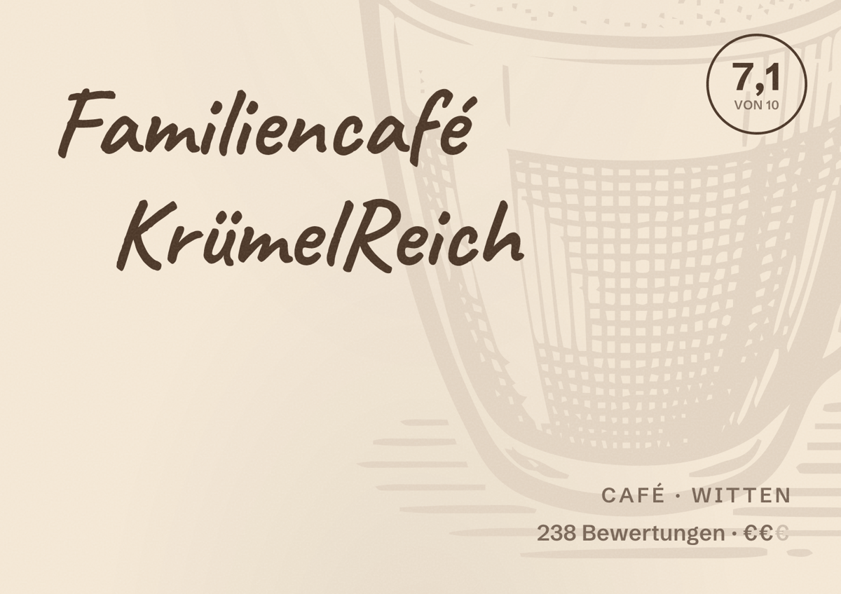 Illustriertes Poster von Familiencafé KrümelReich, Café in Witten: Gästebewertung 7,1 von 10 aus 238 Bewertungen