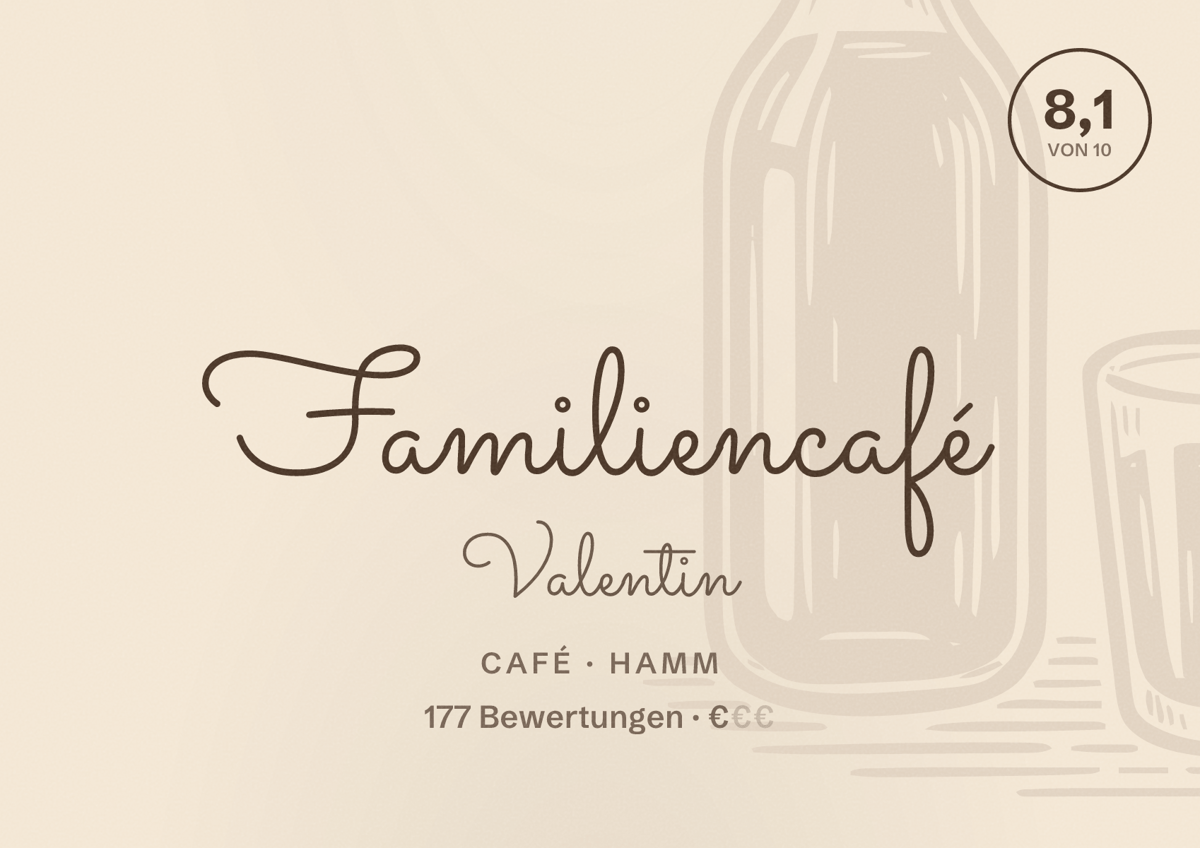 Illustriertes Poster von Familiencafé Valentin, Café in Hamm: Bewertung 8,1 von 10 aus 177 Bewertungen, Preisniveau €