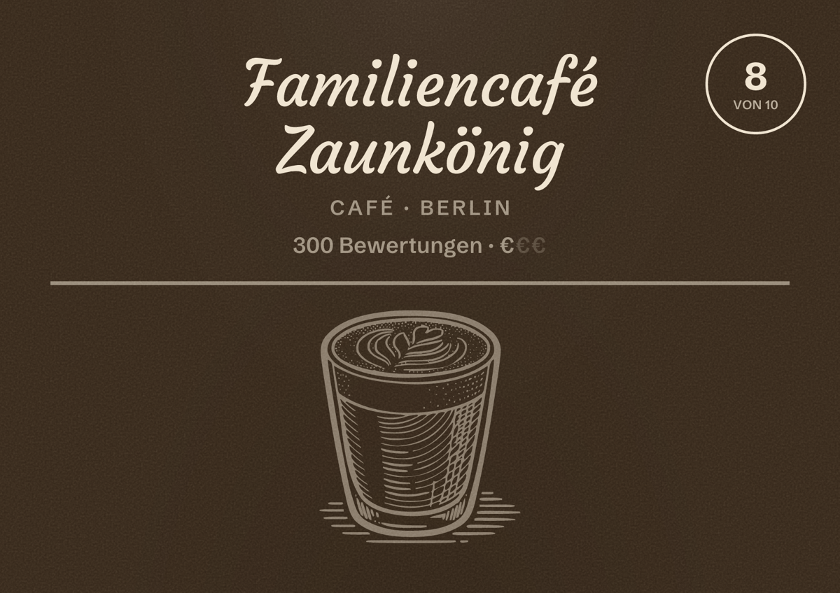 Illustriertes Poster von Familiencafé Zaunkönig, Café in Berlin: Bewertung 8 von 10 aus 300 Bewertungen, Preisniveau €