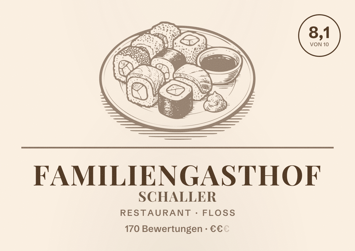 Illustriertes Poster von Familiengasthof Schaller, Restaurant in Floss: Bewertung 8,1 von 10 aus 170 Bewertungen, Preisniveau €€
