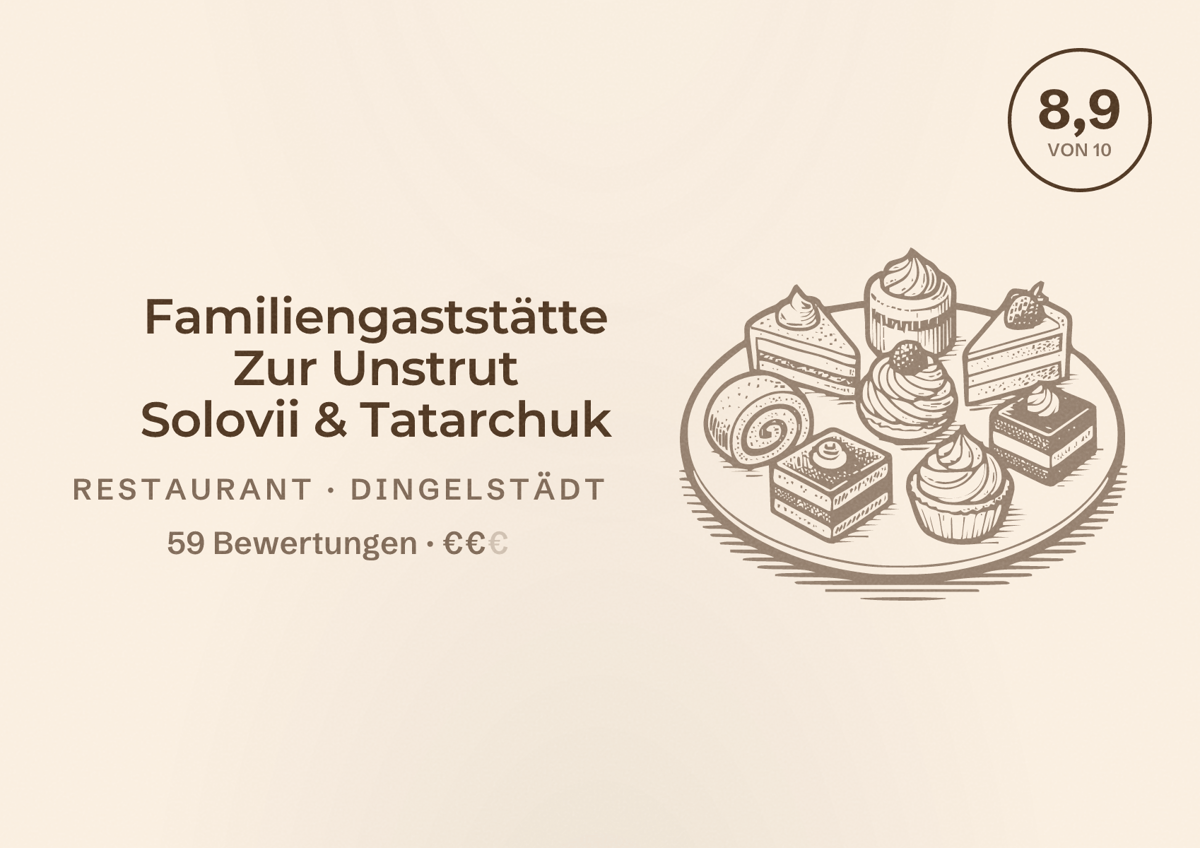 Illustriertes Poster von Familiengaststätte Zur Unstrut Solovii & Tatarchuk, Restaurant in Dingelstädt: Bewertung 8,9 von 10 aus 59 Bewertungen, Preisniveau €€