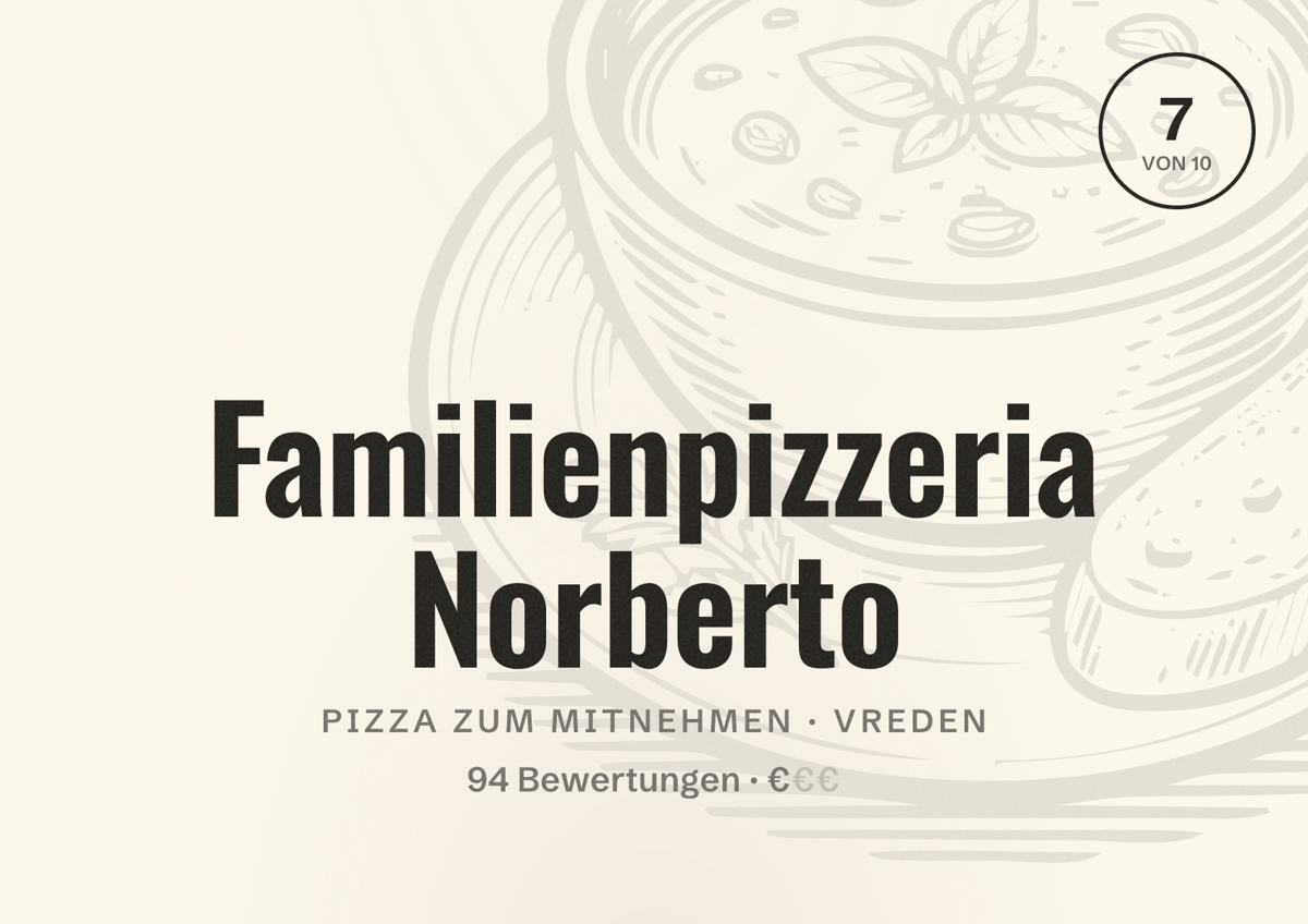 Illustriertes Poster von Familienpizzeria Norberto, Pizza zum Mitnehmen in Vreden: Bewertung 7 von 10 aus 94 Bewertungen, Preisniveau €