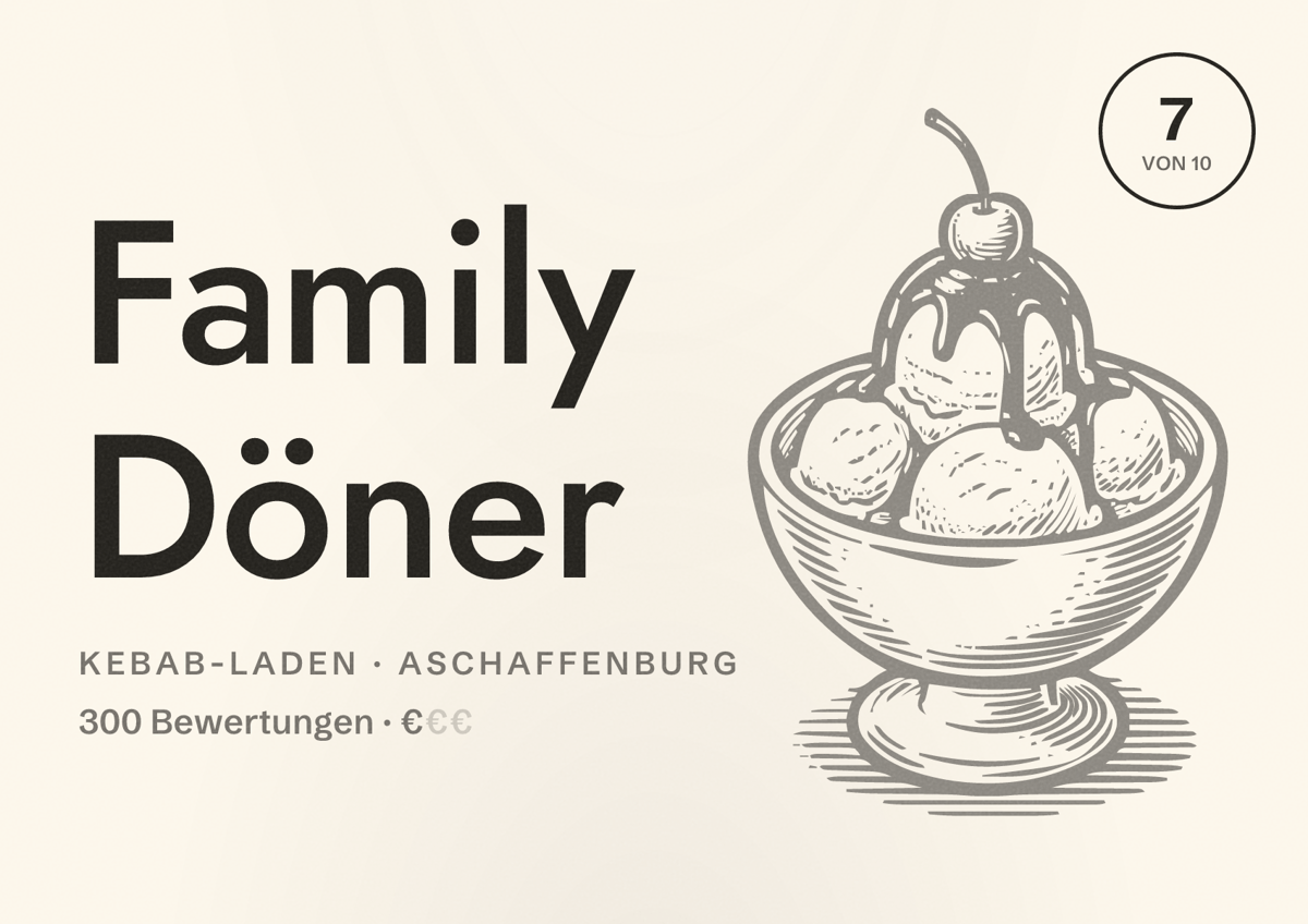 Illustriertes Poster von Family Döner, Kebab-Laden in Aschaffenburg: Bewertung 7 von 10 aus 300 Bewertungen, Preisniveau €