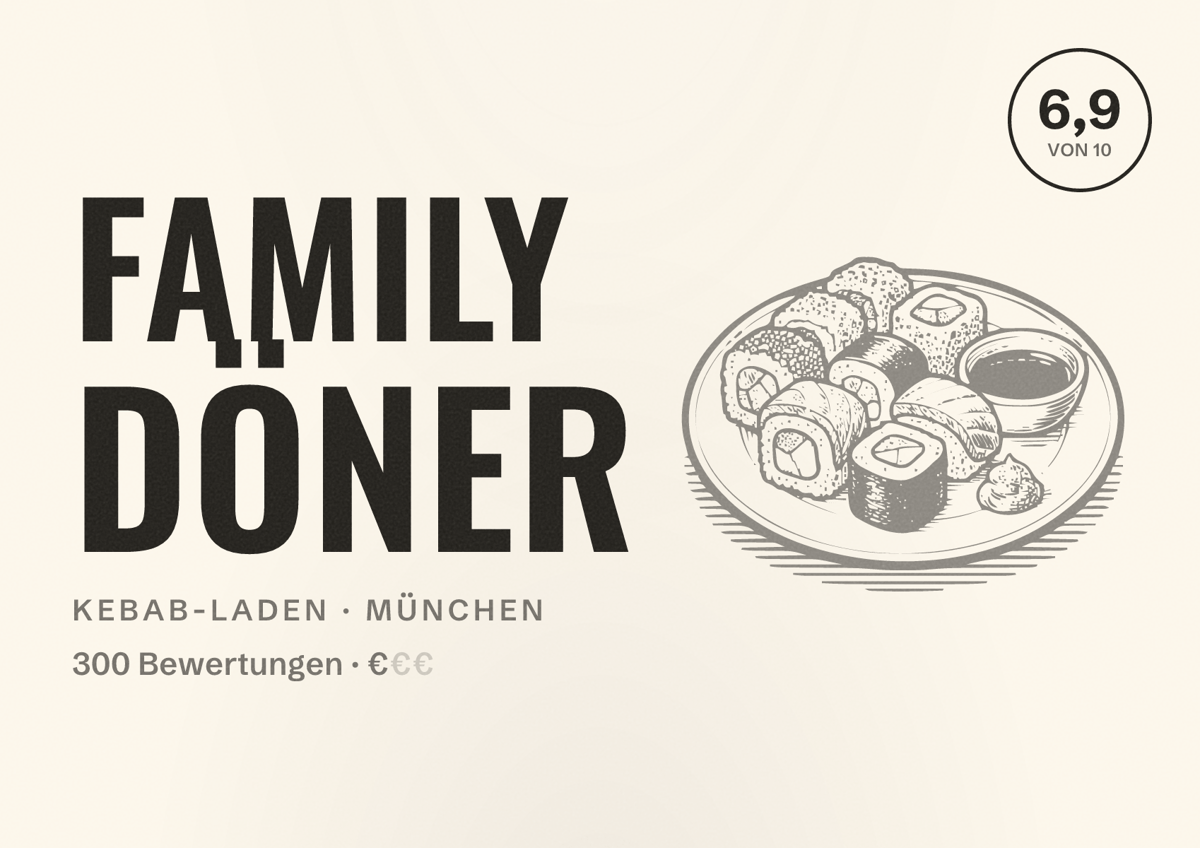 Illustriertes Poster von Family Döner, Kebab-Laden in München: Bewertung 6,9 von 10 aus 300 Bewertungen, Preisniveau €