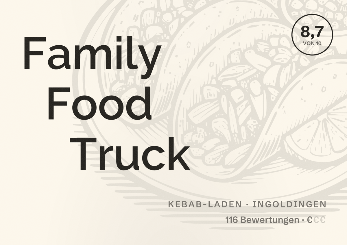 Illustriertes Poster von Family Food Truck, Kebab-Laden in Ingoldingen: Bewertung 8,7 von 10 aus 116 Bewertungen, Preisniveau €