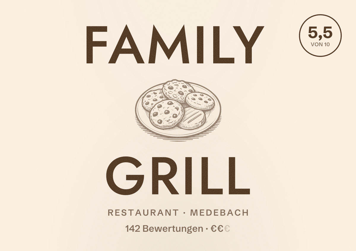 Illustriertes Poster von Family Grill, Restaurant in Medebach: Bewertung 5,5 von 10 aus 142 Bewertungen, Preisniveau €€