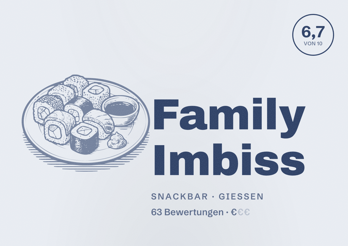Illustriertes Poster von Family Imbiss, Snackbar in Gießen: Bewertung 6,7 von 10 aus 63 Bewertungen, Preisniveau €