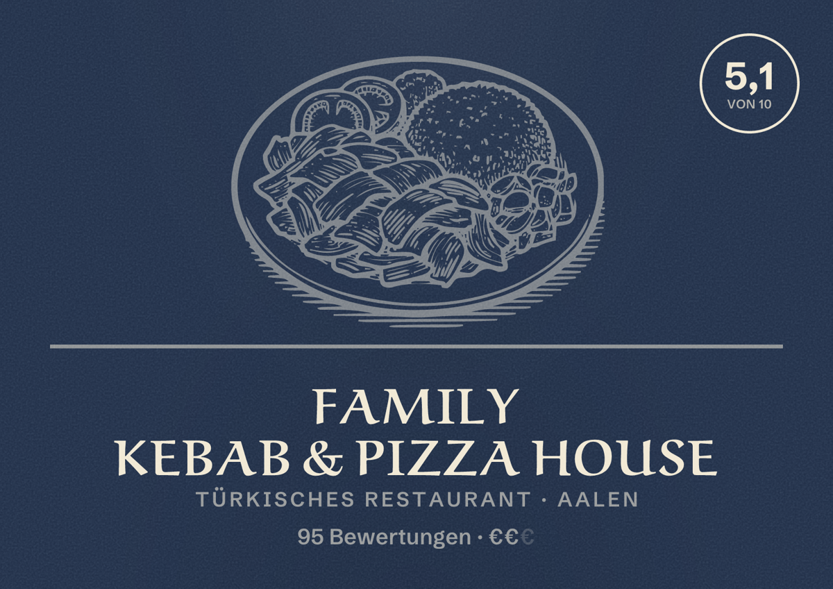 Illustriertes Poster von Family Kebab & Pizza House, Türkisches Restaurant in Aalen: Bewertung 5,1 von 10 aus 95 Bewertungen, Preisniveau €€