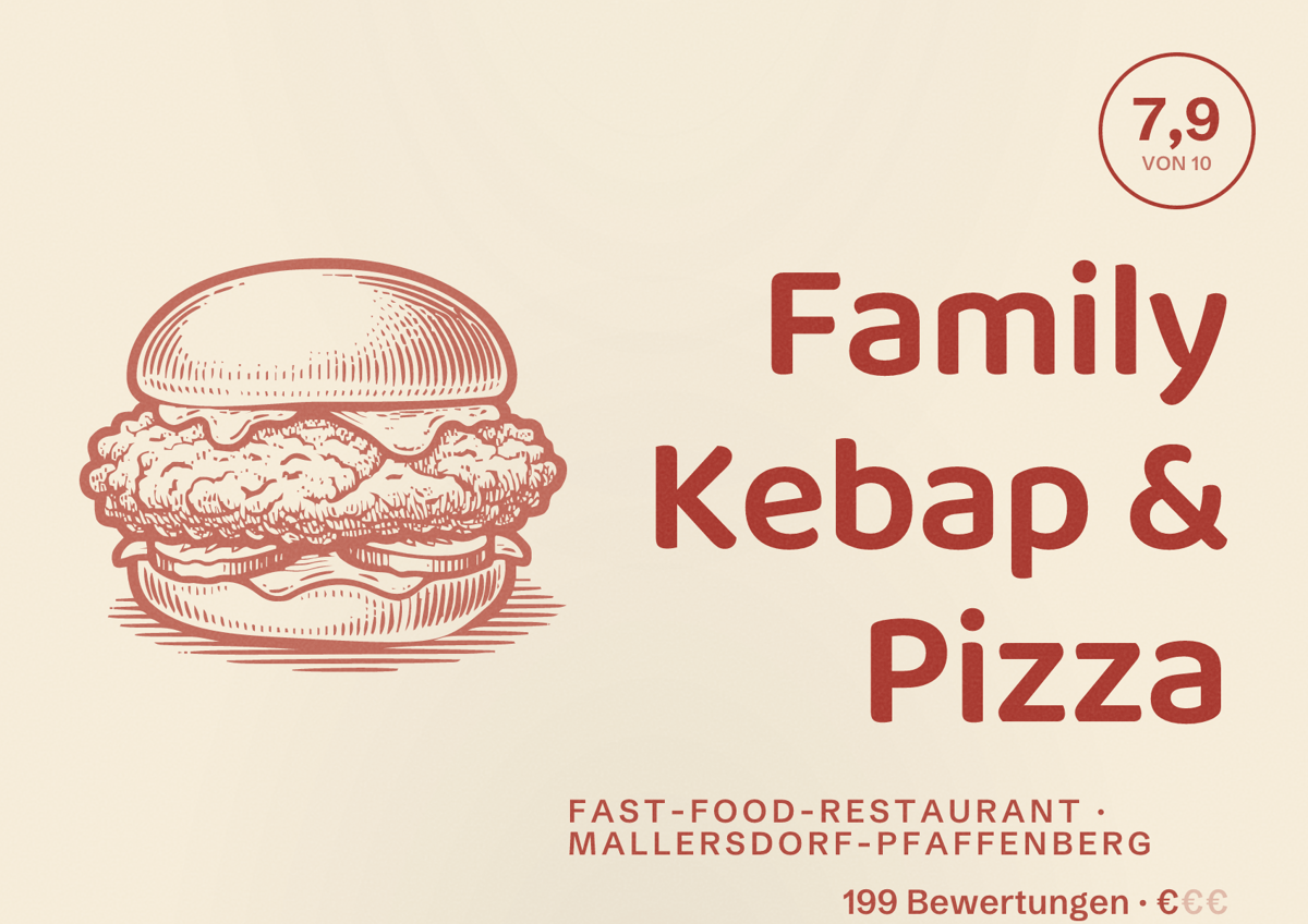 Illustriertes Poster von Family Kebap & Pizza, Fast-Food-Restaurant in Mallersdorf-Pfaffenberg: Bewertung 7,9 von 10 aus 199 Bewertungen, Preisniveau €