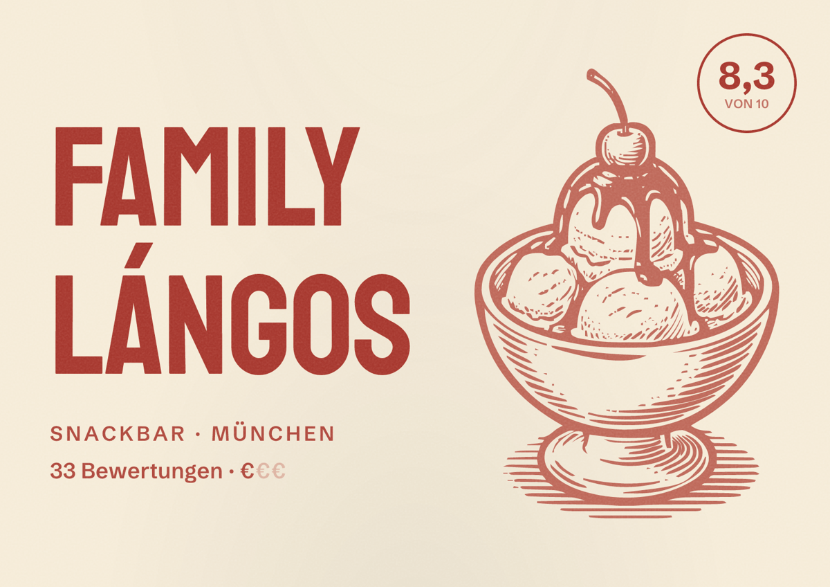 Illustriertes Poster von Family Lángos, Snackbar in München: Bewertung 8,3 von 10 aus 33 Bewertungen, Preisniveau €