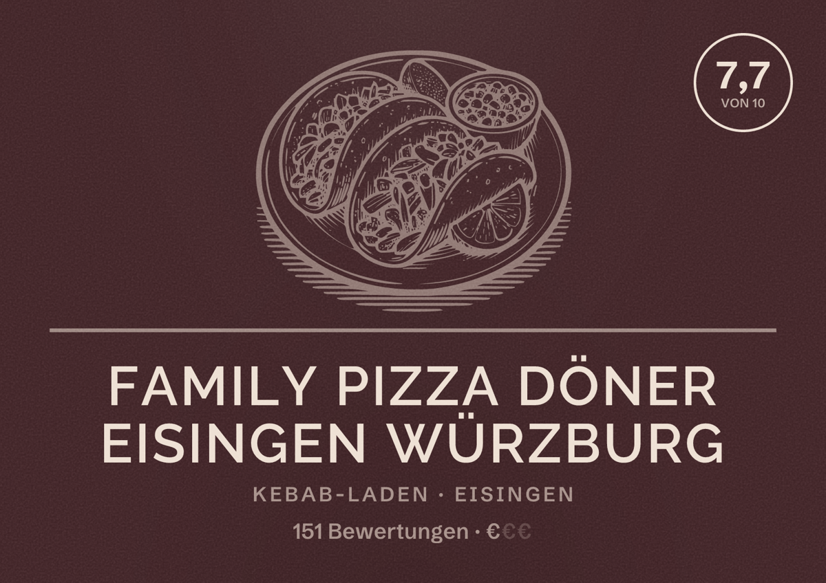 Illustriertes Poster von family Pizza Döner Eisingen Würzburg, Kebab-Laden in Eisingen: Bewertung 7,7 von 10 aus 151 Bewertungen, Preisniveau €