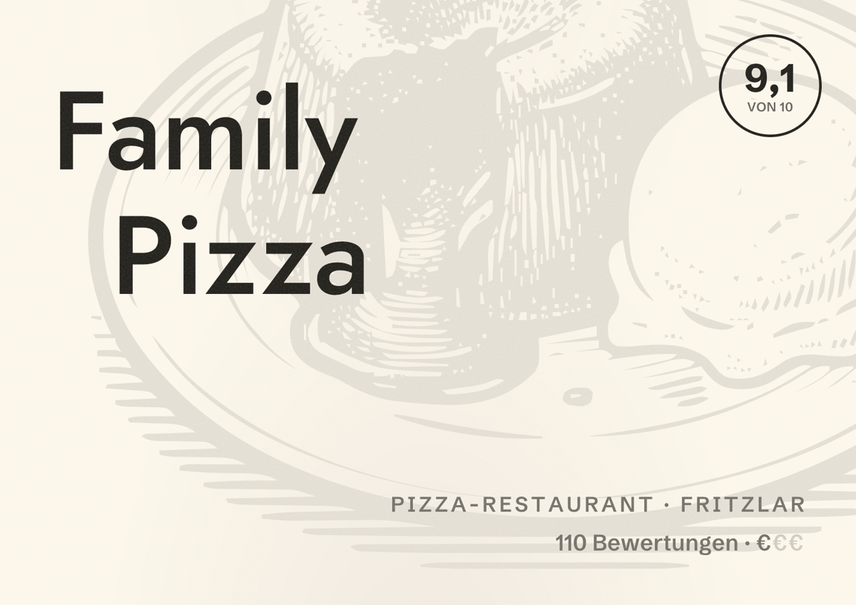 Illustriertes Poster von Family Pizza, Pizza-Restaurant in Fritzlar: Bewertung 9,1 von 10 aus 110 Bewertungen, Preisniveau €