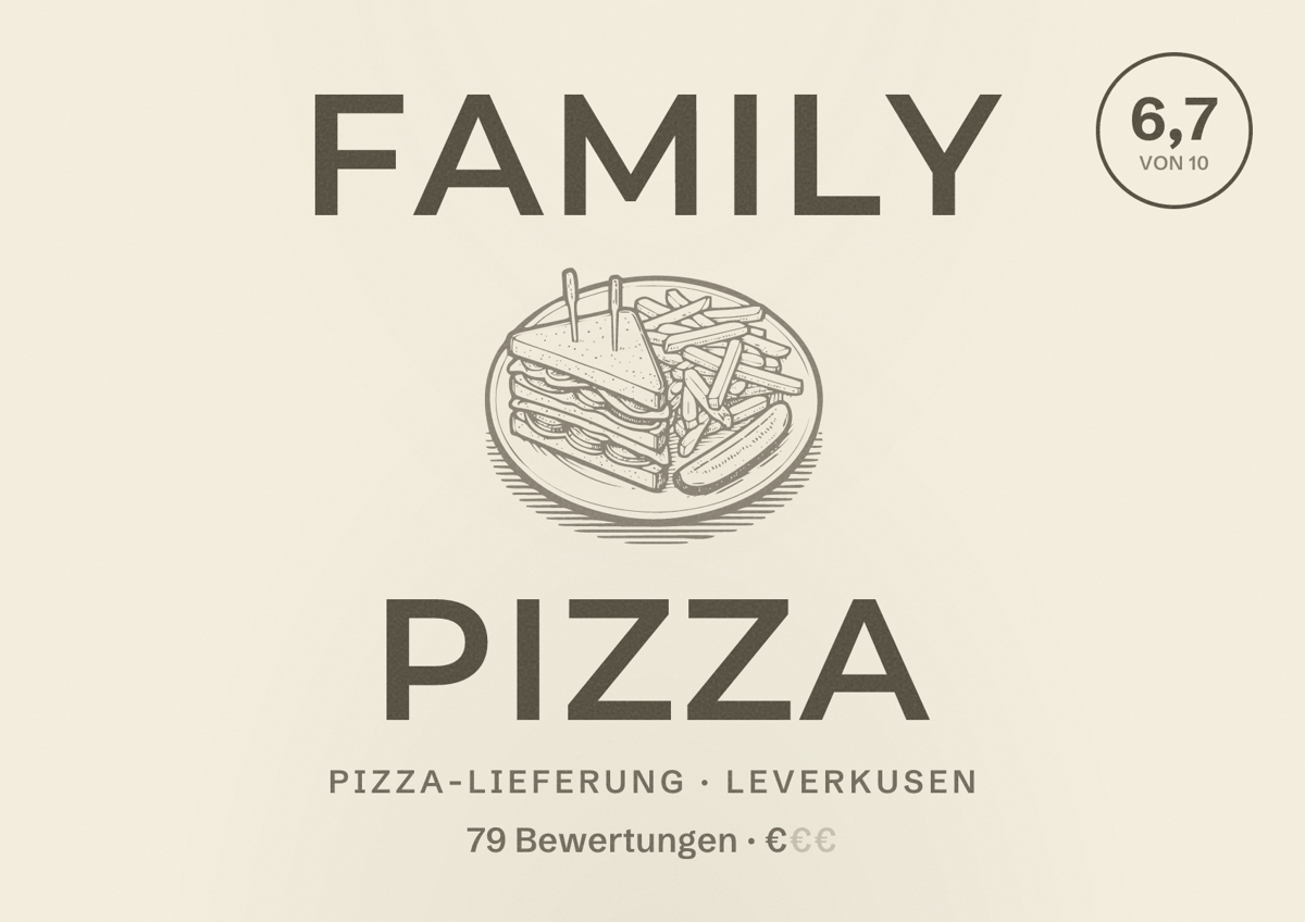 Illustriertes Poster von Family Pizza, Pizza-Lieferung in Leverkusen: Bewertung 6,7 von 10 aus 79 Bewertungen, Preisniveau €