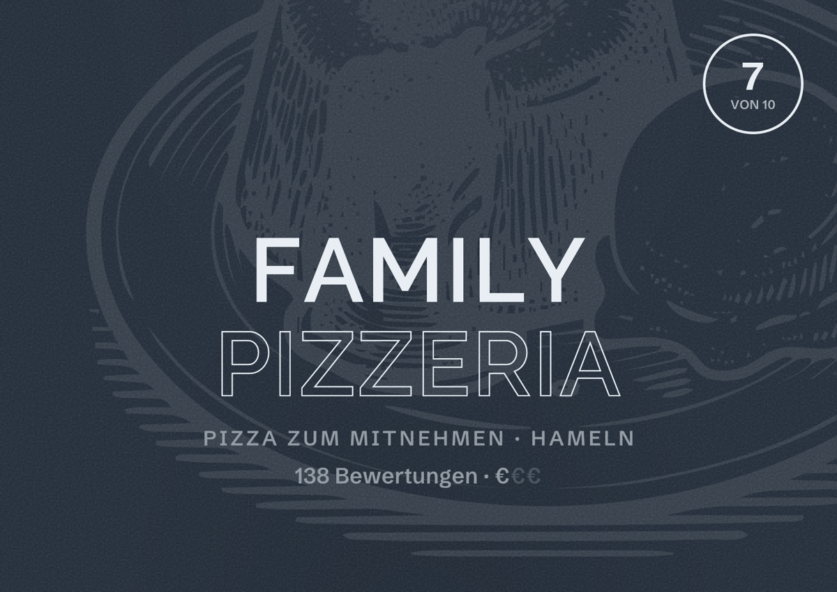 Illustriertes Poster von Family Pizzeria, Pizza zum Mitnehmen in Hameln: Bewertung 7 von 10 aus 138 Bewertungen, Preisniveau €