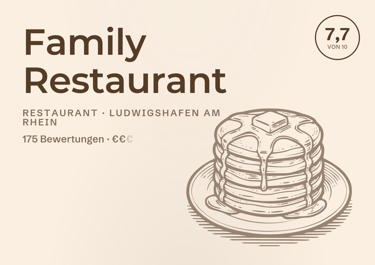 Illustriertes Poster von Family Restaurant, Restaurant in Ludwigshafen am Rhein: Bewertung 7,7 von 10 aus 175 Bewertungen, Preisniveau €€