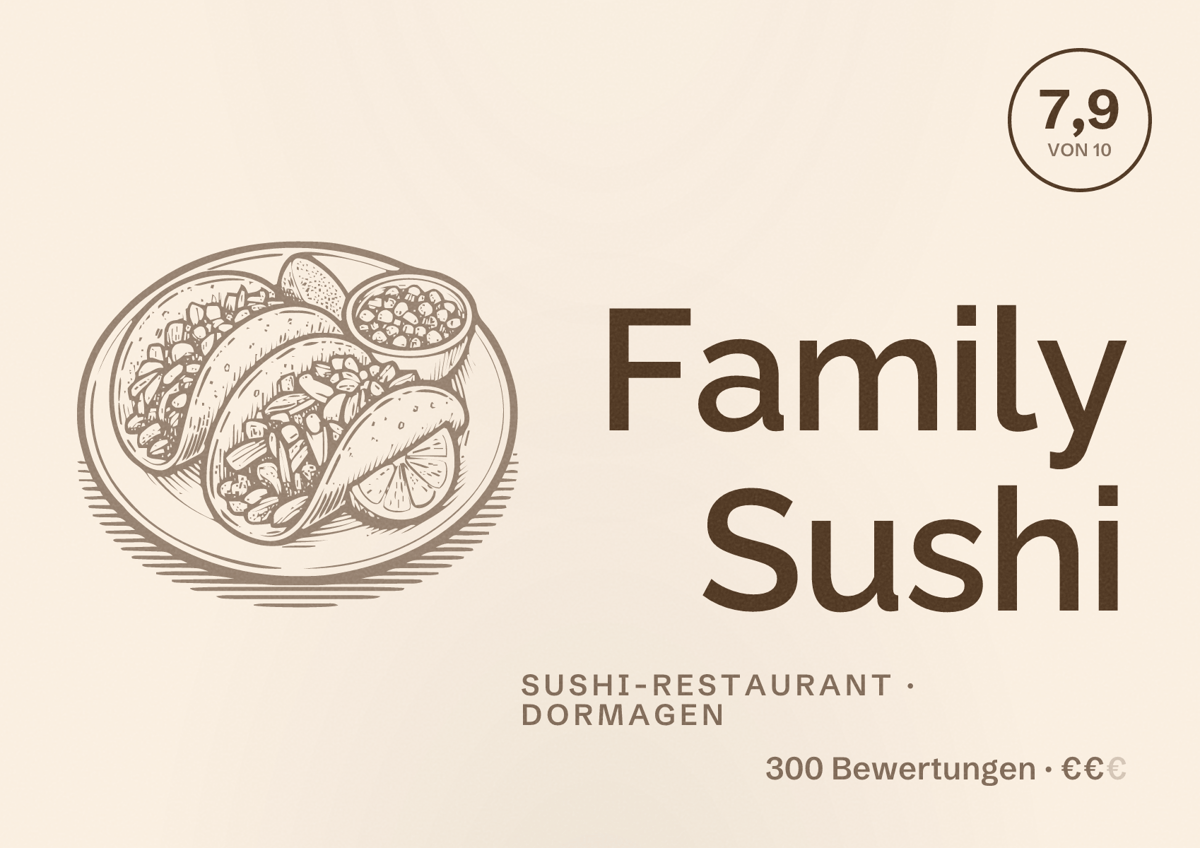 Illustriertes Poster von Family Sushi, Sushi-Restaurant in Dormagen: Bewertung 7,9 von 10 aus 300 Bewertungen, Preisniveau €€